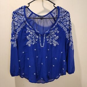 American Eagle Outfitters royal blue light weight embroidered boho blouse S